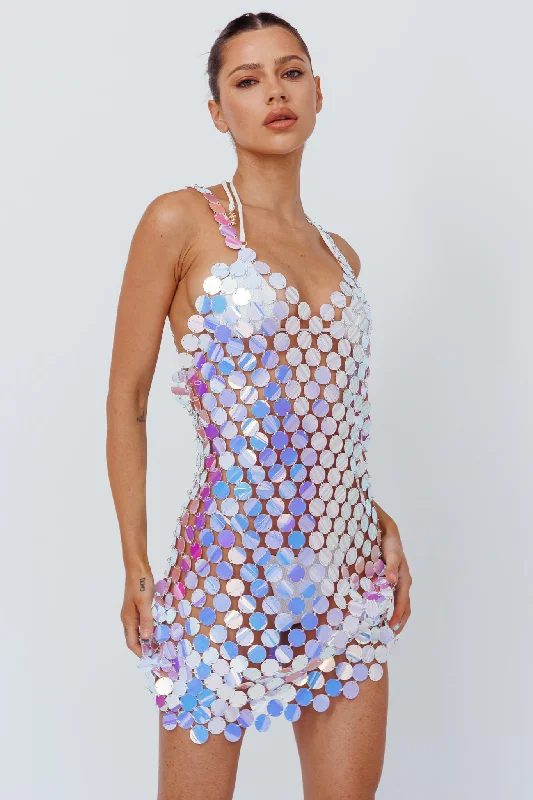 "Trendy casual dresses for women to wear at the beach"Sirenuse Acrylic Circle Mini Dress Iridescent Silver "Trendy casual dresses for women to wear at the beach"Sirenuse Acrylic Circle Mini Dress Iridescent Silver
