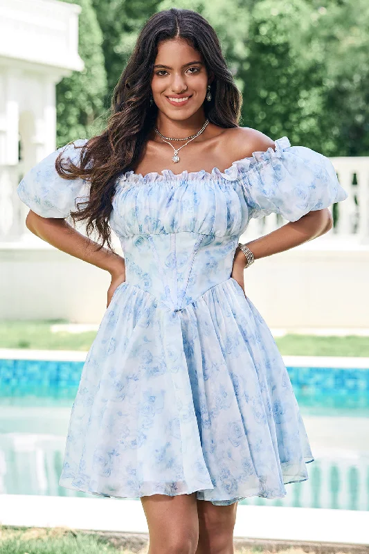 "Stylish cocktail dresses for women on a budget"Sky Blue A Line Square Neck Print Floral Ruffle Short Homecoming Dress with Puff Sleeves