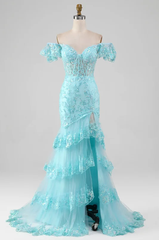 "Short dresses for women for a night out clubbing"Sky Blue Off the Shoulder Lace and Sequin Mermaid Prom Dress with Slit "Short dresses for women for a night out clubbing"Sky Blue Off the Shoulder Lace and Sequin Mermaid Prom Dress with Slit