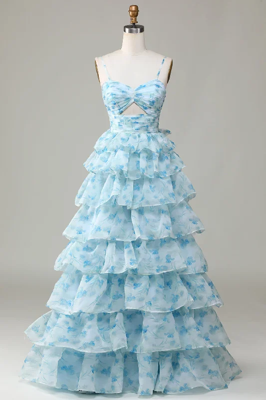 "Animal print dresses for women who love bold styles"Spaghetti Straps Cut Out Tiered Blue Bridesmaid Dress "Animal print dresses for women who love bold styles"Spaghetti Straps Cut Out Tiered Blue Bridesmaid Dress
