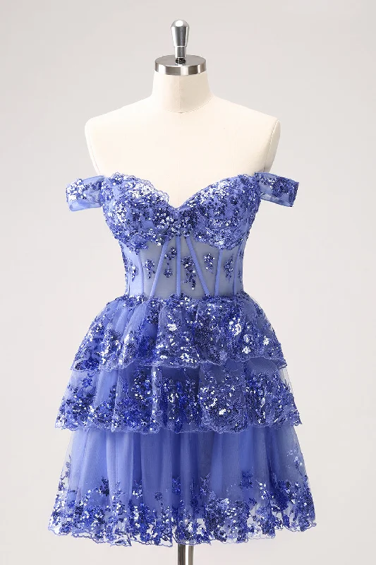 "Floral print dresses for women for a feminine look"Sparkly A Line Off the Shoulder Dark Blue Corset Homecoming Dress with Ruffles "Floral print dresses for women for a feminine look"Sparkly A Line Off the Shoulder Dark Blue Corset Homecoming Dress with Ruffles