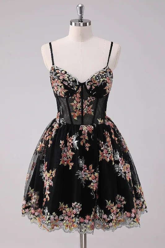 "Petite women's dresses with flattering fits"Sparkly Black A-Line Floral Short Homecoming Dress "Petite women's dresses with flattering fits"Sparkly Black A-Line Floral Short Homecoming Dress