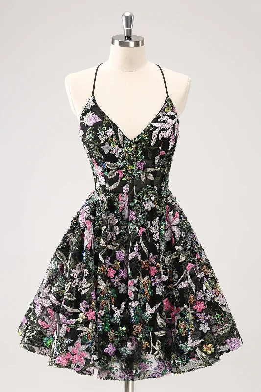 "Animal print dresses for women who love bold styles"Sparkly Black A Line Floral Short Homecoming Dress with Sequins "Animal print dresses for women who love bold styles"Sparkly Black A Line Floral Short Homecoming Dress with Sequins