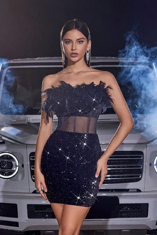"Petite women's dresses with flattering fits"Sparkly Black Strapless Corset Tight Homecoming Dress with Feathers "Petite women's dresses with flattering fits"Sparkly Black Strapless Corset Tight Homecoming Dress with Feathers