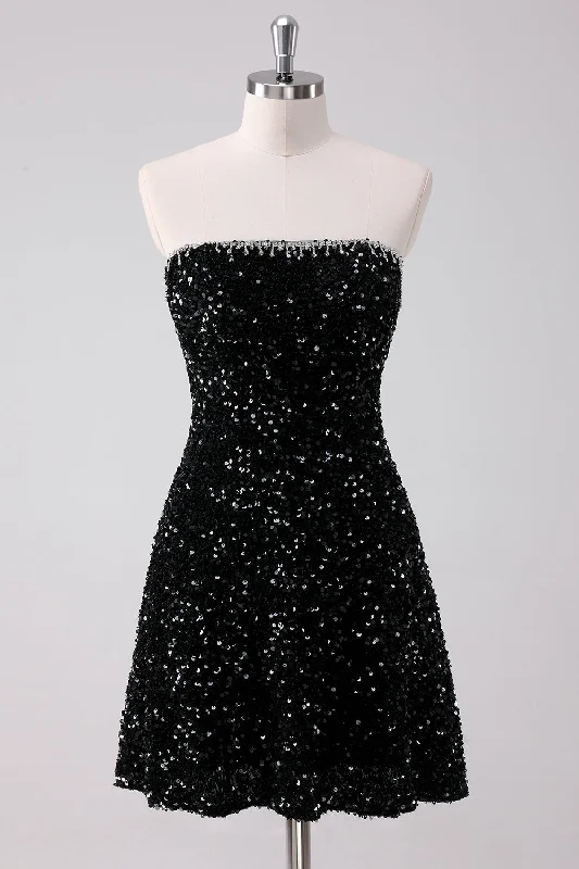 "Striped dresses for women with a classic touch"Sparkly Black A-Line Strapless Sequins Short Homecoming Dress "Striped dresses for women with a classic touch"Sparkly Black A-Line Strapless Sequins Short Homecoming Dress