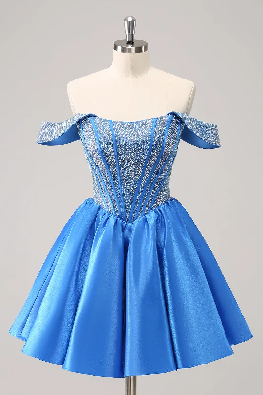 "A - line dresses for women to flatter the figure"Sparkly Blue A-Line Off the Shoulder Beaded Satin Homecoming Dress "A - line dresses for women to flatter the figure"Sparkly Blue A-Line Off the Shoulder Beaded Satin Homecoming Dress