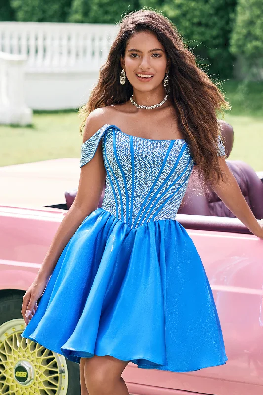 "Off - shoulder dresses for women to show off collarbones"Sparkly Blue A Line Off the Shoulder Satin Ruffle Homecoming Dress with Beading "Off - shoulder dresses for women to show off collarbones"Sparkly Blue A Line Off the Shoulder Satin Ruffle Homecoming Dress with Beading