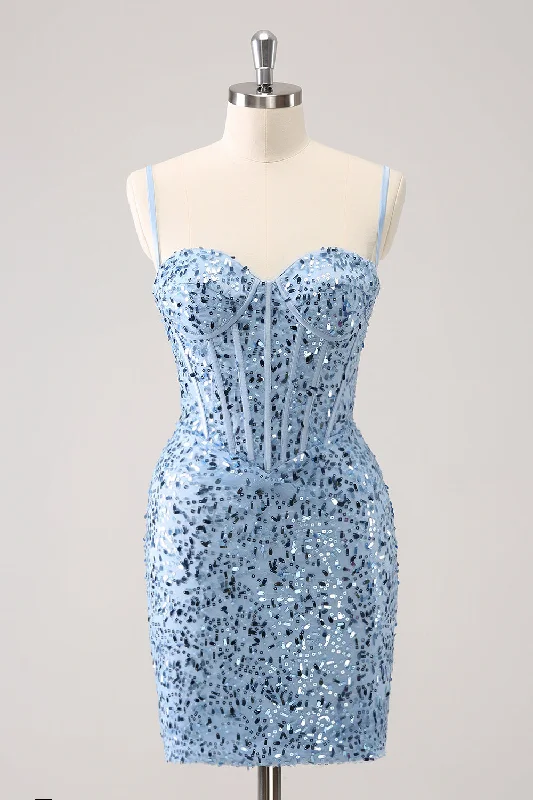 "Lace dresses for women for a romantic and elegant look"Sparkly Blue Tight Sequins Spaghetti Straps Homecoming Dress