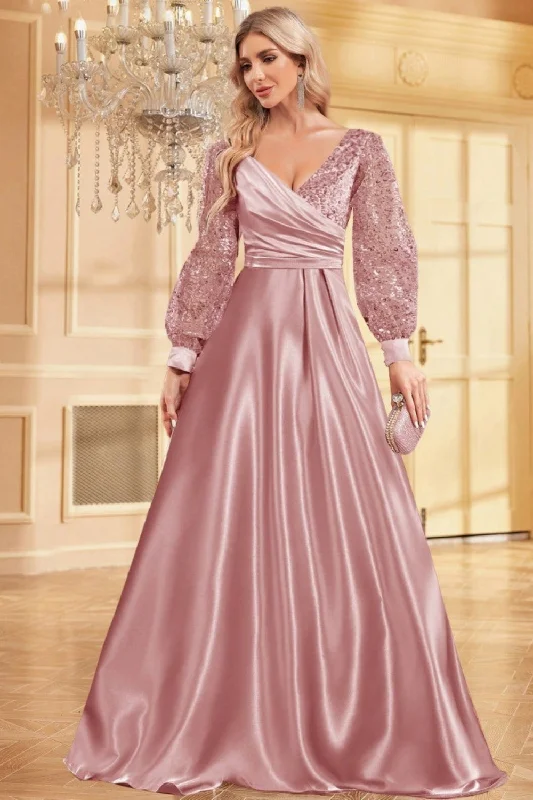 "Short dresses for women for a night out clubbing"Sparkly Blush A-Line Wrap Seqin Long Sleeves Satin Long Formal Dress "Short dresses for women for a night out clubbing"Sparkly Blush A-Line Wrap Seqin Long Sleeves Satin Long Formal Dress