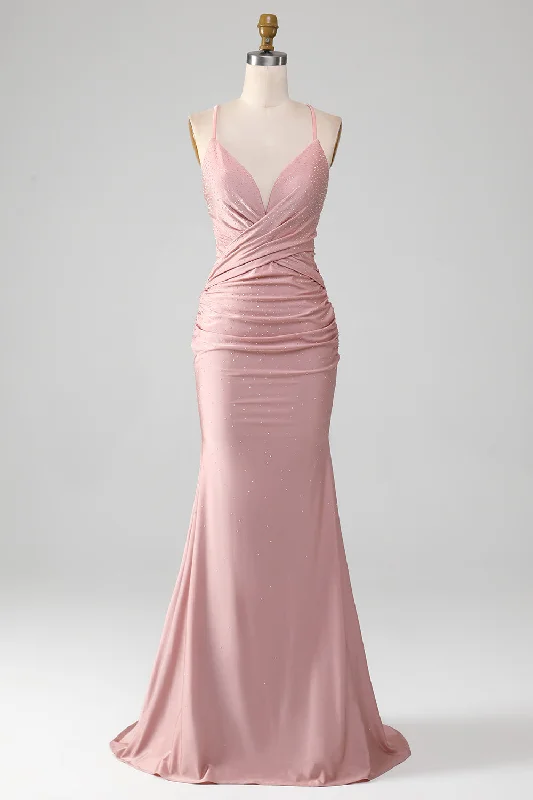 "Wrap dresses for women for an adjustable fit"Sparkly Blush Beaded Long Mermaid Prom Dress "Wrap dresses for women for an adjustable fit"Sparkly Blush Beaded Long Mermaid Prom Dress