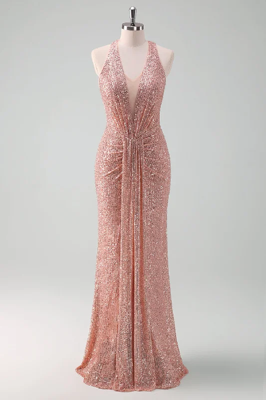 "Elegant wedding guest dresses for women under $100"Sparkly Blush Halter Mermaid Long Prom Dress "Elegant wedding guest dresses for women under $100"Sparkly Blush Halter Mermaid Long Prom Dress