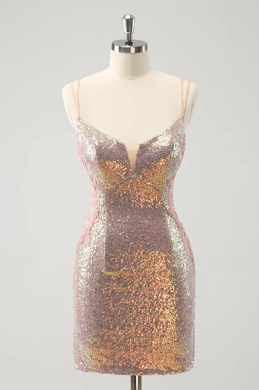 "VIP Sale: Extra 15% Off on Women's Dresses for Our Loyal Customers"Sparkly Blush Spaghetti Straps Tight Short Homecoming Dress with Lace-Up Back "VIP Sale: Extra 15% Off on Women's Dresses for Our Loyal Customers"Sparkly Blush Spaghetti Straps Tight Short Homecoming Dress with Lace-Up Back