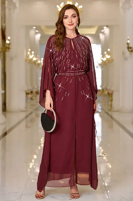 "Affordable plus size women's summer dresses"Sparkly Burgundy A Line Round Neck Long Sleeves Prom Dress "Affordable plus size women's summer dresses"Sparkly Burgundy A Line Round Neck Long Sleeves Prom Dress