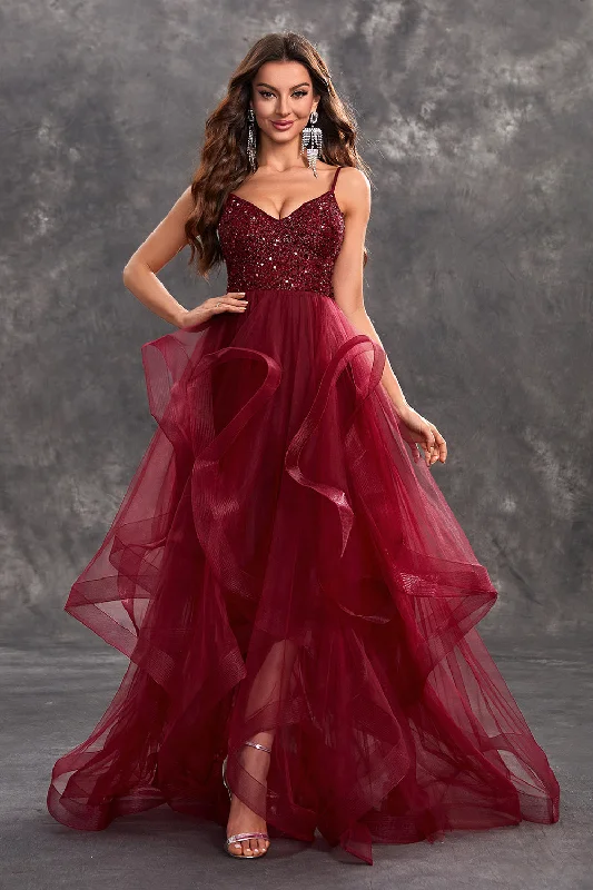 "Limited - Time Offer: Up to 50% Off on Women's Dresses!"Sparkly Burgundy A-Line Ruffle Tiered Long Prom Dress with Sequins "Limited - Time Offer: Up to 50% Off on Women's Dresses!"Sparkly Burgundy A-Line Ruffle Tiered Long Prom Dress with Sequins