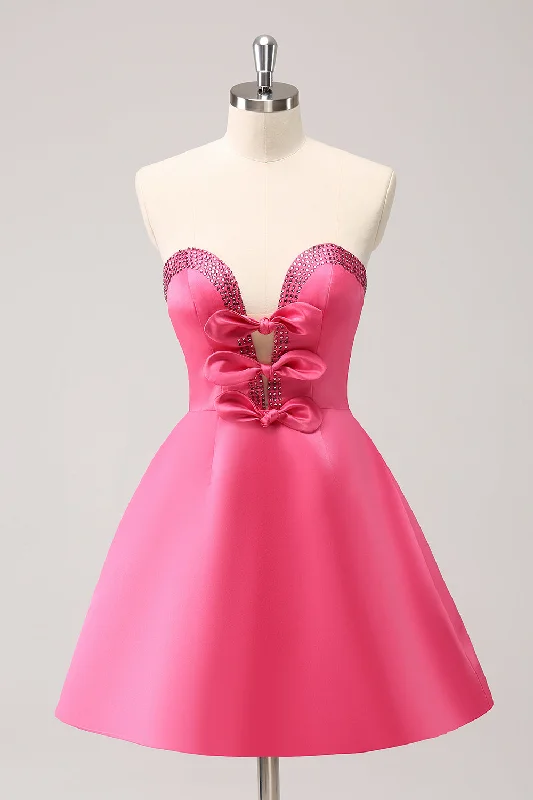 "Long sleeve dresses for women in cold weather"Sparkly Fuchsia A-Line Beaded Strapless Homecoming Dress with Bows "Long sleeve dresses for women in cold weather"Sparkly Fuchsia A-Line Beaded Strapless Homecoming Dress with Bows