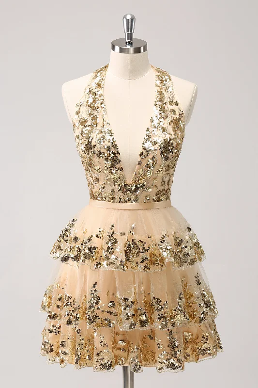 "Elegant wedding guest dresses for women under $100"Sparkly Gold A-Line Halter Tiered Sequined Backless Short Homecoming Dress