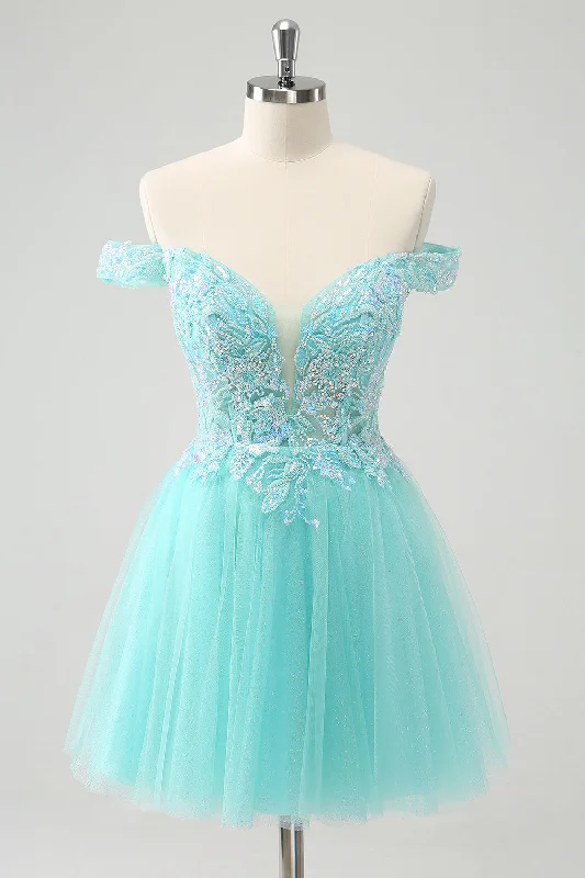 "Hurry! Limited Stock - Get Your Dream Dress with a Special Discount"Sparkly Light Blue A Line Off The Shoulder Short Homecoming Dress "Hurry! Limited Stock - Get Your Dream Dress with a Special Discount"Sparkly Light Blue A Line Off The Shoulder Short Homecoming Dress