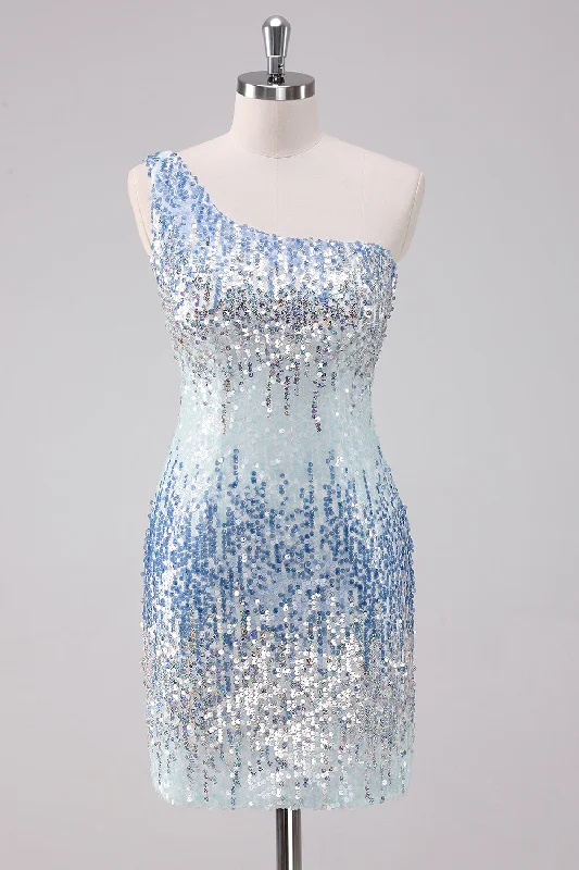 "Animal print dresses for women who love bold styles"Sparkly Light Blue One Shoulder Sequins Bodycon Short Homecoming Dress "Animal print dresses for women who love bold styles"Sparkly Light Blue One Shoulder Sequins Bodycon Short Homecoming Dress