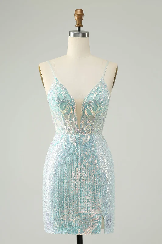 "Ruffled dresses for women for added femininity"Sparkly Light Blue Spaghetti Straps Tight Short Homecoming Dress with Slit "Ruffled dresses for women for added femininity"Sparkly Light Blue Spaghetti Straps Tight Short Homecoming Dress with Slit