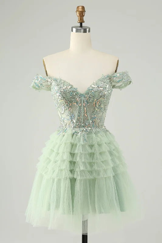 "Long sleeve dresses for women in cold weather"Sparkly Light Green A Line Off The Shoulder Corset Tulle Homecoming Dress "Long sleeve dresses for women in cold weather"Sparkly Light Green A Line Off The Shoulder Corset Tulle Homecoming Dress