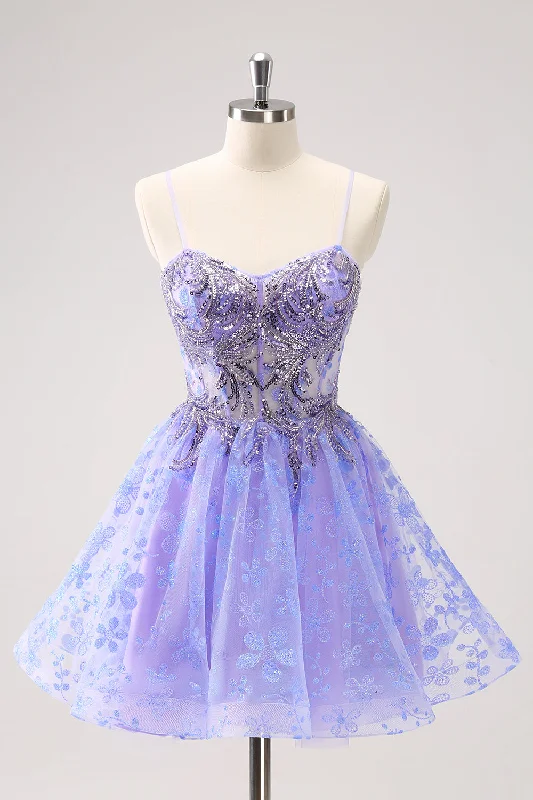 "Satin dresses for women for a luxurious appearance"Sparkly Lilac A Line Spaghetti Straps Short Homecoming Dress with Sequins "Satin dresses for women for a luxurious appearance"Sparkly Lilac A Line Spaghetti Straps Short Homecoming Dress with Sequins