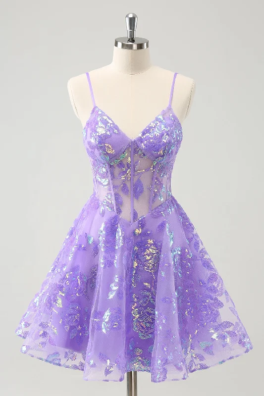 "Beaded dresses for women for a glamorous look"Sparkly Lilac A-Line Spaghetti Straps Sequins Corset Homecoming Dress "Beaded dresses for women for a glamorous look"Sparkly Lilac A-Line Spaghetti Straps Sequins Corset Homecoming Dress