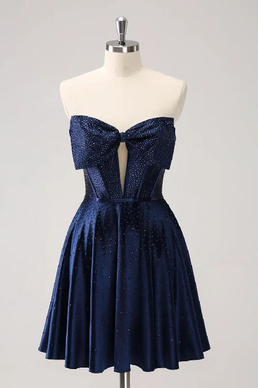"Lace dresses for women for a romantic and elegant look"Sparkly Navy Beaded Corset Hollow Out Short Homecoming Dress With Bow "Lace dresses for women for a romantic and elegant look"Sparkly Navy Beaded Corset Hollow Out Short Homecoming Dress With Bow