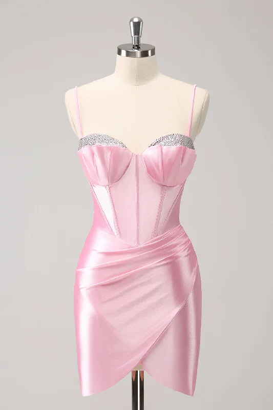 "Stylish cocktail dresses for women on a budget"Sparkly Pink Spaghetti Straps Tight Homecoming Dress with Beading "Stylish cocktail dresses for women on a budget"Sparkly Pink Spaghetti Straps Tight Homecoming Dress with Beading