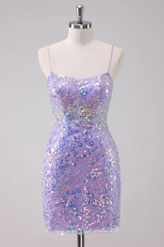 "Stylish cocktail dresses for women on a budget"Sparkly Purple Bodycon Spaghetti Straps Sequins Short Homecoming Dress "Stylish cocktail dresses for women on a budget"Sparkly Purple Bodycon Spaghetti Straps Sequins Short Homecoming Dress