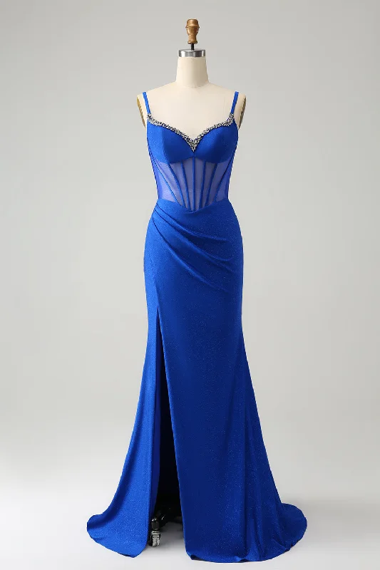 "Stylish cocktail dresses for women on a budget"Sparkly Royal Blue Mermaid Beaded Corset Long Prom Dress with Slit "Stylish cocktail dresses for women on a budget"Sparkly Royal Blue Mermaid Beaded Corset Long Prom Dress with Slit