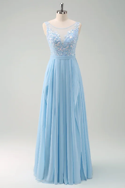 "Stylish cocktail dresses for women on a budget"Sparkly Sky Blue Bateau Neck Pleated Long Bridesmaid Dress "Stylish cocktail dresses for women on a budget"Sparkly Sky Blue Bateau Neck Pleated Long Bridesmaid Dress