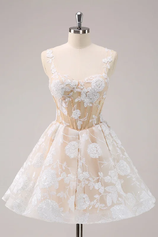"Stylish cocktail dresses for women on a budget"Sparkly White A-Line Floral Corset Short Homecoming Dress "Stylish cocktail dresses for women on a budget"Sparkly White A-Line Floral Corset Short Homecoming Dress