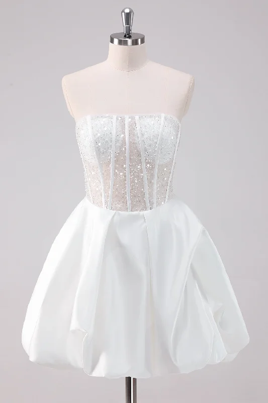 "Off - shoulder dresses for women to show off collarbones"Sparkly White A-Line Strapless Short Homecoming Dress "Off - shoulder dresses for women to show off collarbones"Sparkly White A-Line Strapless Short Homecoming Dress