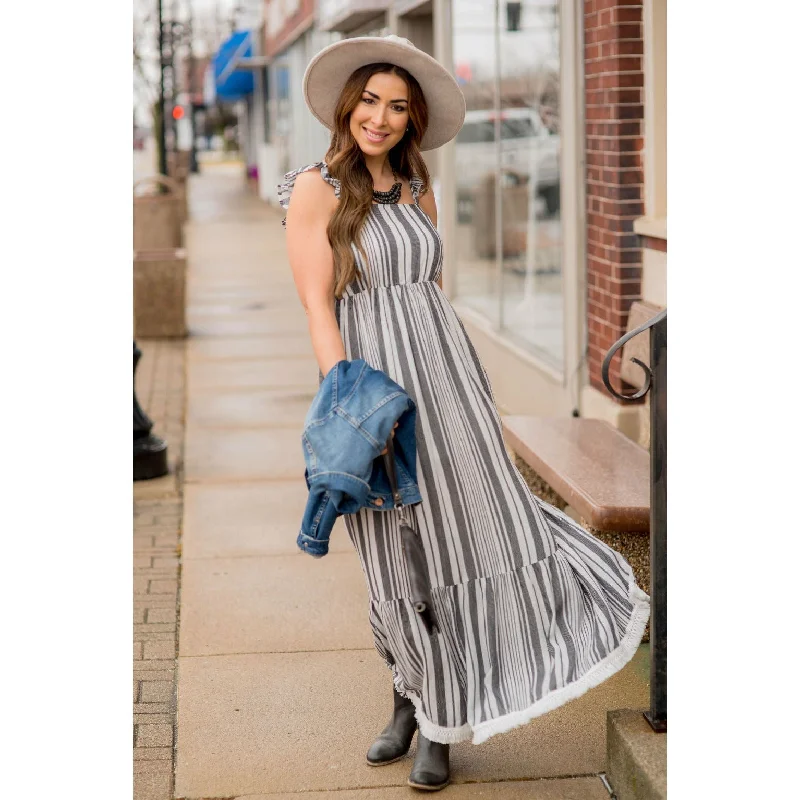 High - Waisted Maxi Dresses to Create Long Leg LinesStripe Fringe Bottom Maxi Dress