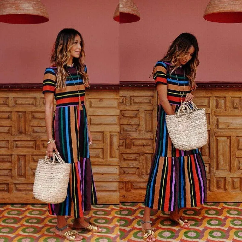 Japanese - Inspired Minimalist Maxi DressesFashionSierra - Summer Holiday Dress Women Stripe Boho Short Sleeve Long Maxi Dress New Ladies Casual Beach Sundress