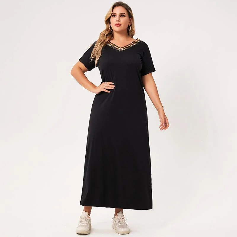 Comfortable Cotton - Linen Maxi Dresses for Everyday WearFashionSierra - Summer Long Dress Plus Size Women Black Solid Color Webbing V-neck Short-sleeved Loose Casual Party Large Maxi Dresses