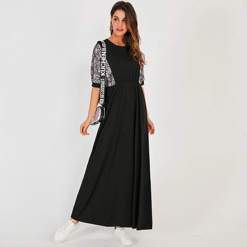 Floral - Patterned Maxi Dresses for a Sweet LookFashionSierra - Summer New Women Long Dress Black Casual Fashion Snake Print Stitching Elastic Waist O-neck Half Sleeve Maxi Dresses Robe