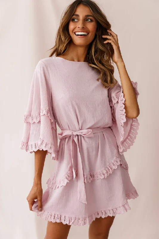 "Petite women's dresses with flattering fits"Talitha Waist Tie Lace Trim Dress Blush "Petite women's dresses with flattering fits"Talitha Waist Tie Lace Trim Dress Blush
