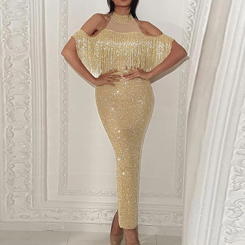 Retro Polka - Dot Maxi Dresses for a Nostalgic FeelFashionSierra - Tassel designed glittering maxi dress women Halter bodycon party dress Summer Slim fit shinny dresses robe femme