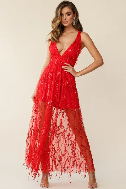 "Elegant wedding guest dresses for women under $100"Tiara Sequin Maxi Dress Red