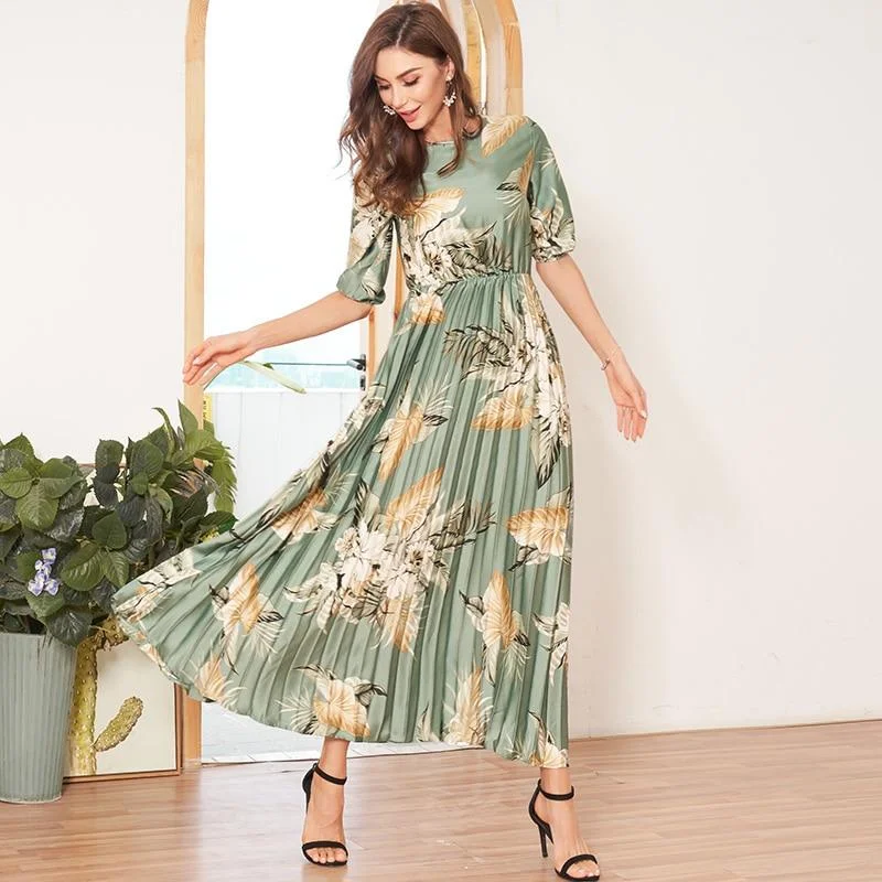 Elegant Silk Maxi Dresses with High SlitsFashionSierra - Tropical Pleated Dress Women Summer Lantern Sleeve Floral Print Satin Dress A-line Holiday Dresses Ladies Maxi Dress