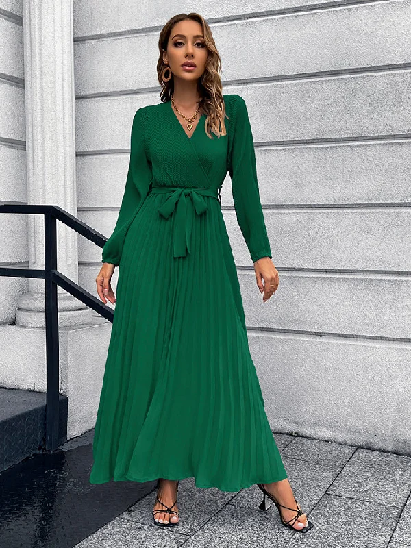 Soft Coral - Fleece Maxi Dresses for a Cozy FeelV-Neck Tie Waist Pleated Maxi Dress