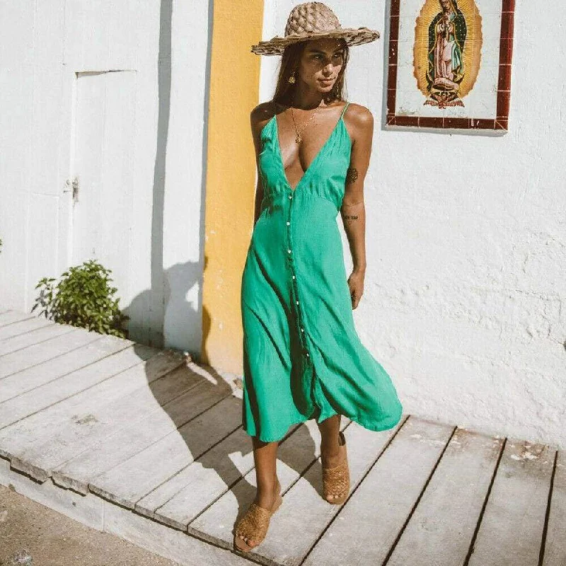Sunny Yellow Maxi Dresses for a Cheerful LookFashionSierra - Vintage Women Boho Long Maxi Dress Sexy Ladies V-Neck Backless Summer Beach Strappy Party Casual Button Sundress