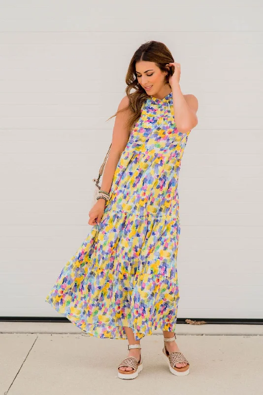 Sunny Yellow Maxi Dresses for a Cheerful LookWatercolors Tiered Tie Back Maxi Dress