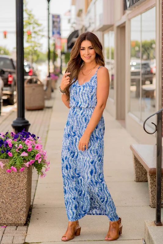 Long - Line Maxi Dresses with a Cape - Like DesignWavy Thin Strapped Maxi Dress