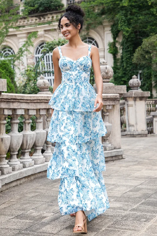 "Seasonal Sale: Save Big on Women's Dresses for Every Occasion"White Blue A Line Corset Tiered Floral Long Wedding Party Guest Dress "Seasonal Sale: Save Big on Women's Dresses for Every Occasion"White Blue A Line Corset Tiered Floral Long Wedding Party Guest Dress