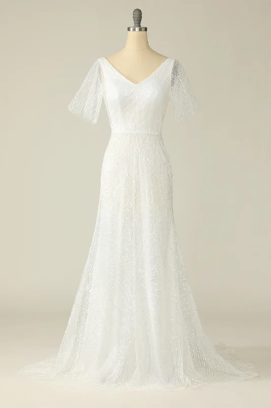 "Maxi dresses for women to wear in the fall"White V Neck Lace Wedding Dress