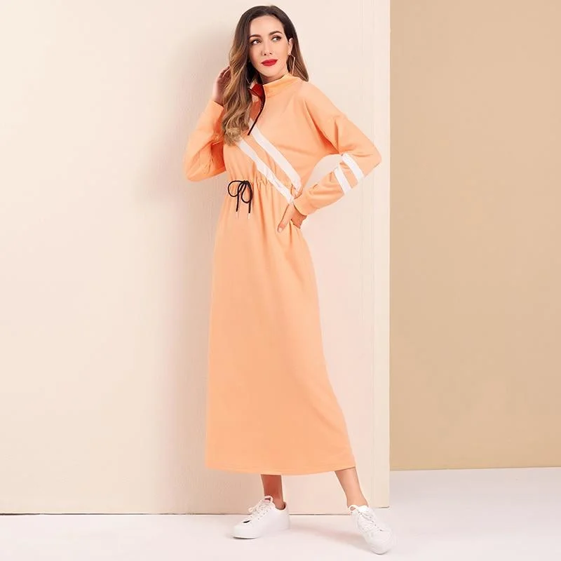 Maxi Dresses for Outdoor Picnics in the SummerFashionSierra - Women Casual Dress Zip Half Placket Contrast Striped Drawstring Detail Dress Long Sleeve Maxi Dresses Autumn