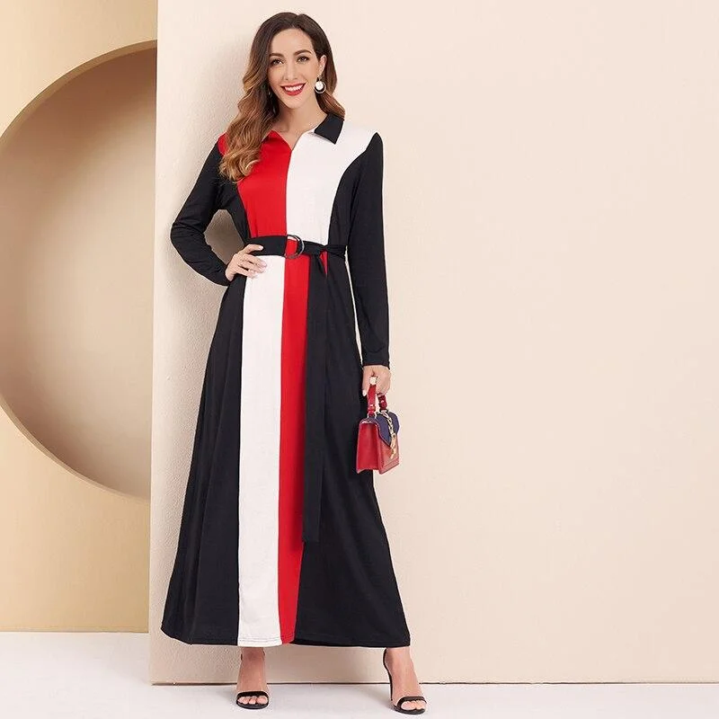 Light Pink Flowy Maxi Dresses for SpringFashionSierra - Women Dress Office Lady Elegant Color Block Turn-down Collar Long Sleeve Belted Maxi Dress