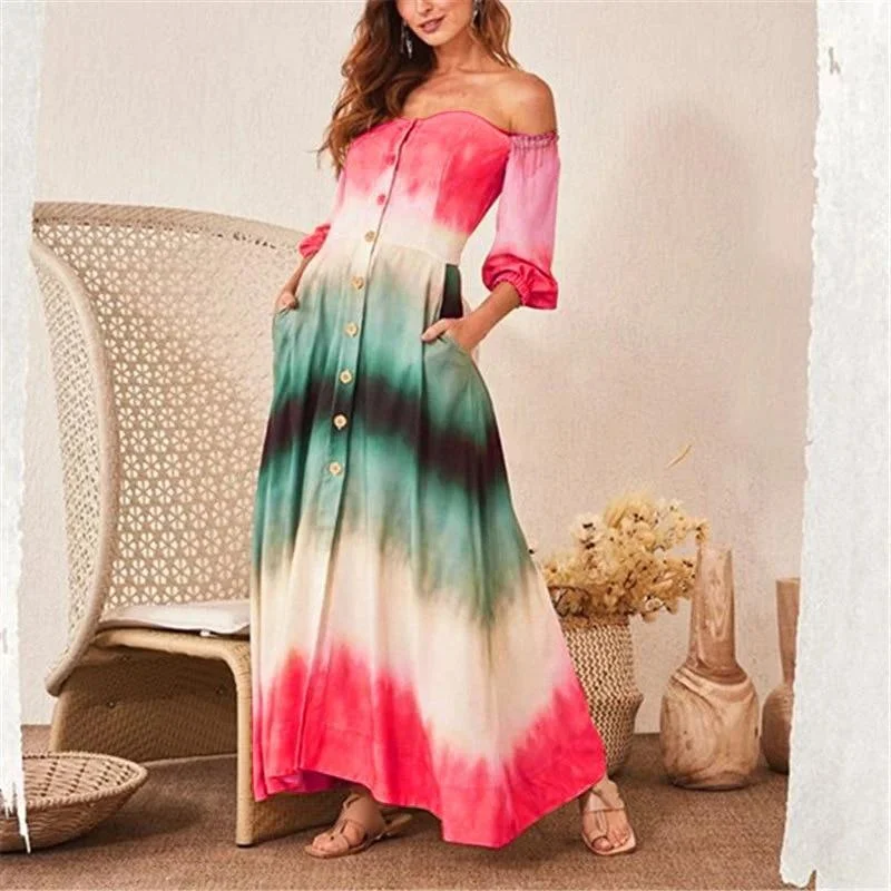 Vintage - Style Corduroy Maxi Dresses for AutumnFashionSierra - Women Gradation Color Off Shoulder Long Dress Single Breasted Long Sleeve Maxi Dress with Pocket Casual Summer Beach Robe Femme
